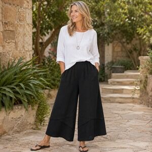 Moon Light Black Textured Gauze Wide Leg Culotte Pants Boho Lagenlook Medium